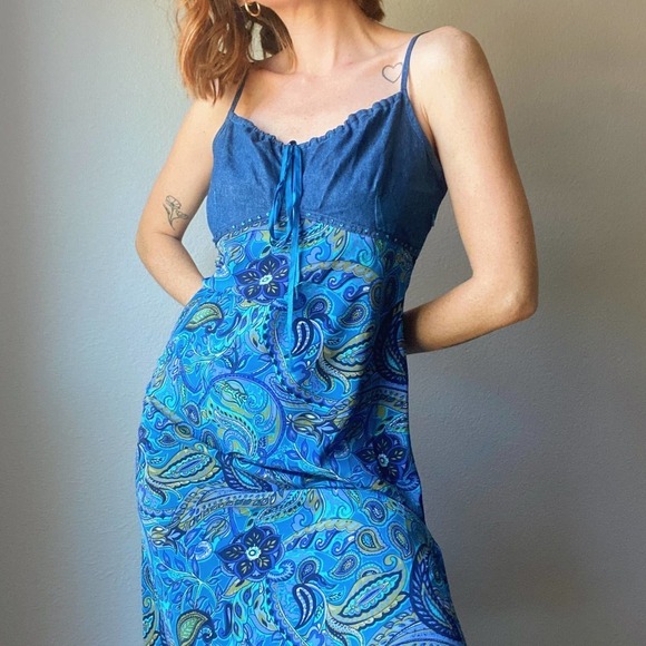 Vintage Y2K Faded Glory Blue Paisley Denim Babydoll Midi Dress - Picture 5 of 6